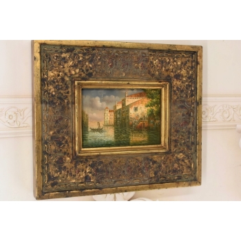 Włoski Pejzaż - Rzeka Gondola w Wenecji - Obraz Olejny - Zdobiona Rama