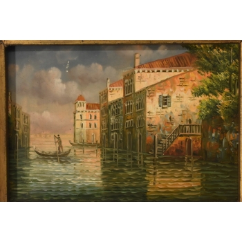 Włoski Pejzaż - Rzeka Gondola w Wenecji - Obraz Olejny - Zdobiona Rama