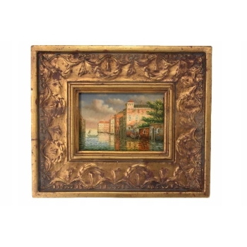 Pejzaż Włoski - Rzeka W Wenecji - Gondola - Obraz Olejny Zdobiona Rama