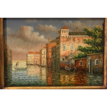 Pejzaż Włoski - Rzeka W Wenecji - Gondola - Obraz Olejny Zdobiona Rama