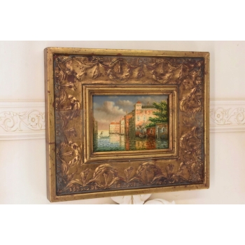 Pejzaż Włoski - Rzeka W Wenecji - Gondola - Obraz Olejny Zdobiona Rama
