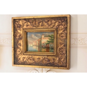 Pejzaż Włoski - Rzeka W Wenecji - Gondola - Obraz Olejny Zdobiona Rama