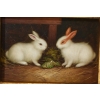 Dwa Białe Króliczki w Zagrodzie - Królik Zając - Obraz Olejny - Złota Rama