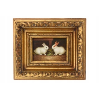 Dwa Białe Króliczki w Zagrodzie - Królik Zając - Obraz Olejny - Złota Rama