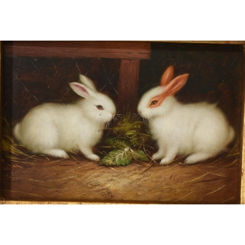 Dwa Białe Króliczki w Zagrodzie - Królik Zając - Obraz Olejny - Złota Rama
