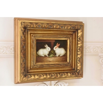 Dwa Białe Króliczki w Zagrodzie - Królik Zając - Obraz Olejny - Złota Rama