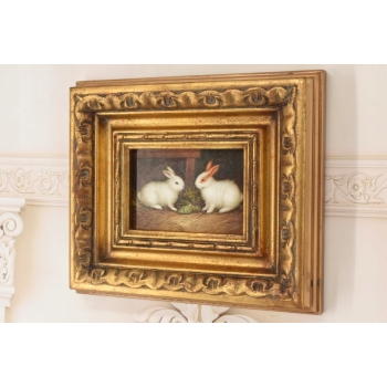 Dwa Białe Króliczki w Zagrodzie - Królik Zając - Obraz Olejny - Złota Rama