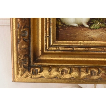 Dwa Białe Króliczki w Zagrodzie - Królik Zając - Obraz Olejny - Złota Rama