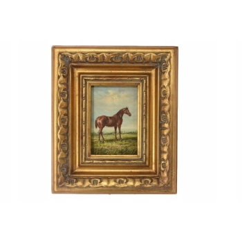 Dostojny Brązowy Koń Arabski - Konik - Obraz Olejny NA Drewnie - Złota Rama