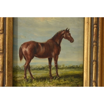Dostojny Brązowy Koń Arabski - Konik - Obraz Olejny NA Drewnie - Złota Rama