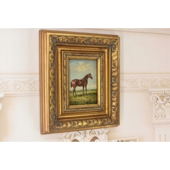 Dostojny Brązowy Koń Arabski - Konik - Obraz Olejny NA Drewnie - Złota Rama