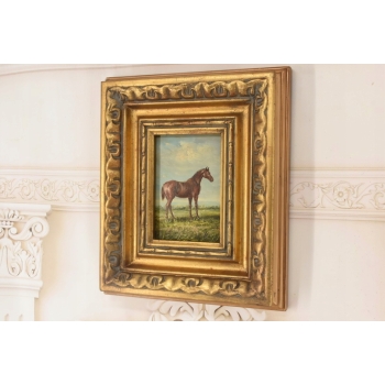 Dostojny Brązowy Koń Arabski - Konik - Obraz Olejny NA Drewnie - Złota Rama