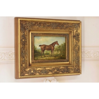 Piękny Brązowy Koń Arabski Na Pastwisku - Konik Obraz Olejny Zdobiona Rama