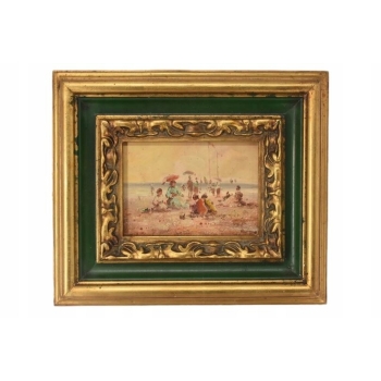 Ludzie Na Piaszczystej Plaży - Obraz Olejny Na Drewnie - Złoto Zielona Rama