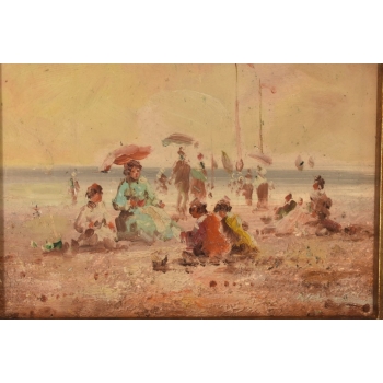 Ludzie Na Piaszczystej Plaży - Obraz Olejny Na Drewnie - Złoto Zielona Rama