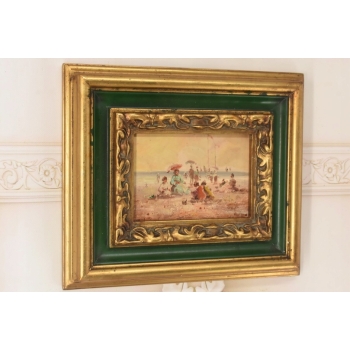 Ludzie Na Piaszczystej Plaży - Obraz Olejny Na Drewnie - Złoto Zielona Rama