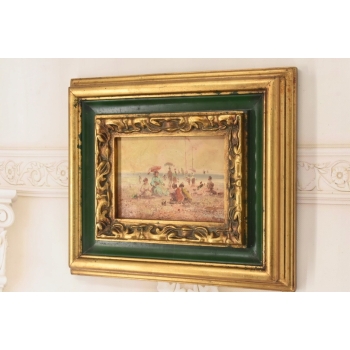 Ludzie Na Piaszczystej Plaży - Obraz Olejny Na Drewnie - Złoto Zielona Rama