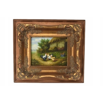 Scena Rodzajowa - Stado Kur Przy Zagrodzie - Kura Kogut - Obraz Olejny