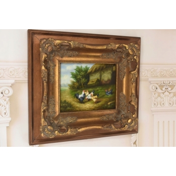 Scena Rodzajowa - Stado Kur Przy Zagrodzie - Kura Kogut - Obraz Olejny