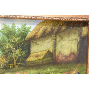 Scena Rodzajowa - Stado Kur Przy Zagrodzie - Kura Kogut - Obraz Olejny