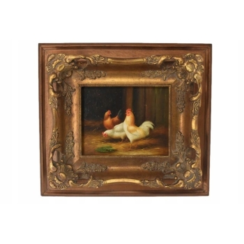 Scena Rodzajowa - Stado Kur w Zagrodzie - Kura Kogut - Obraz Olejny