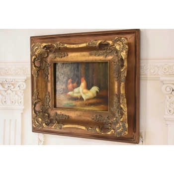 Scena Rodzajowa - Stado Kur w Zagrodzie - Kura Kogut - Obraz Olejny