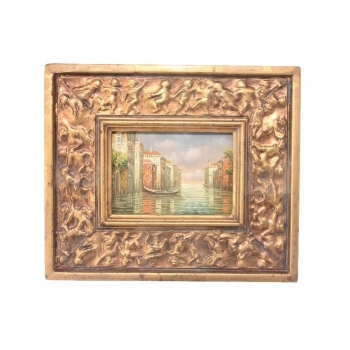 Włoski Pejzaż - Gondole Na Rzece w Wenecji - Obraz Olejny - Złota Rama