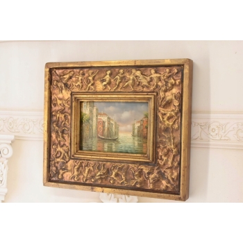 Włoski Pejzaż - Gondole Na Rzece w Wenecji - Obraz Olejny - Złota Rama