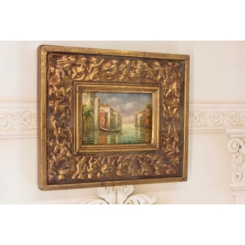 Włoski Pejzaż - Gondole Na Rzece w Wenecji - Obraz Olejny - Złota Rama