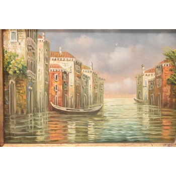 Włoski Pejzaż - Gondole Na Rzece w Wenecji - Obraz Olejny - Złota Rama