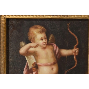 Kupidyn z Łukiem - Anioł Amor - Obraz Olejny - Złota Zdobiona Rama