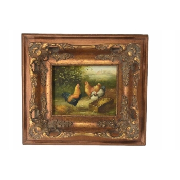 Scena Rodzajowa - Stado Kur - Kury Koguty - Obraz Olejny - Zdobiona Rama