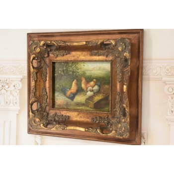 Scena Rodzajowa - Stado Kur - Kury Koguty - Obraz Olejny - Zdobiona Rama