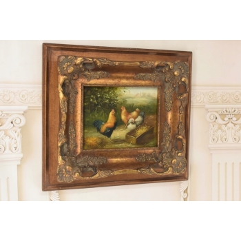 Scena Rodzajowa - Stado Kur - Kury Koguty - Obraz Olejny - Zdobiona Rama