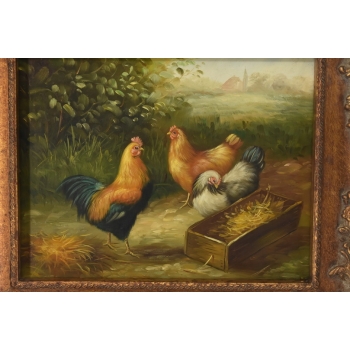 Scena Rodzajowa - Stado Kur - Kury Koguty - Obraz Olejny - Zdobiona Rama
