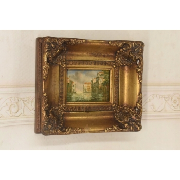 Włoski Pejzaż - Rzeka w Wenecji - Obraz Olejny - Złota Ozdobna Rama