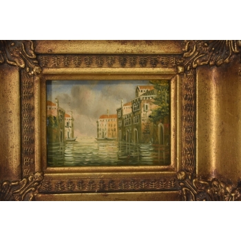 Włoski Pejzaż - Rzeka w Wenecji - Obraz Olejny - Złota Ozdobna Rama