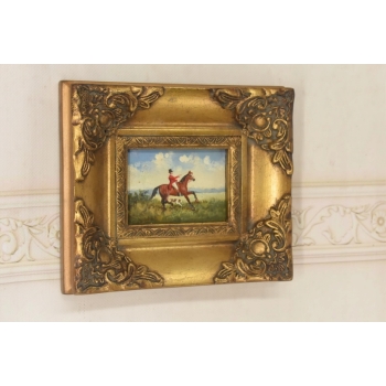 Jeździec Na Koniu z Psem Myśliwym - Dżokej - Obraz Olejny - Złota Rama