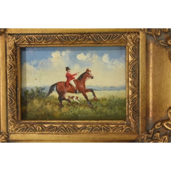Jeździec Na Koniu z Psem Myśliwym - Dżokej - Obraz Olejny - Złota Rama