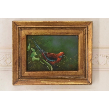 Kolorowa Papuga Na Gałęzi - Ptak Natura - Obraz Olejny Ozdobna Złota Rama