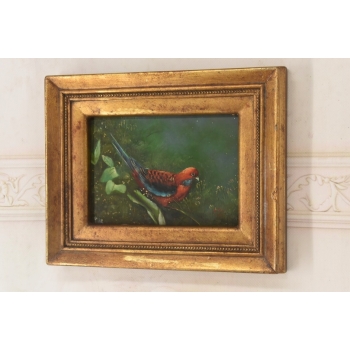 Kolorowa Papuga Na Gałęzi - Ptak Natura - Obraz Olejny Ozdobna Złota Rama