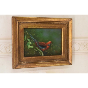 Kolorowa Papuga Na Gałęzi - Ptak Natura - Obraz Olejny Ozdobna Złota Rama