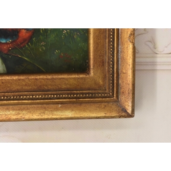 Kolorowa Papuga Na Gałęzi - Ptak Natura - Obraz Olejny Ozdobna Złota Rama