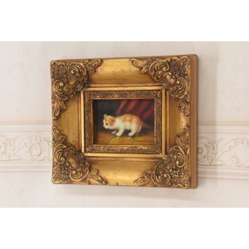 Mały Kotek - Kocur Kot - Obraz Olejny Na Desce - Złota Rama - Prezent