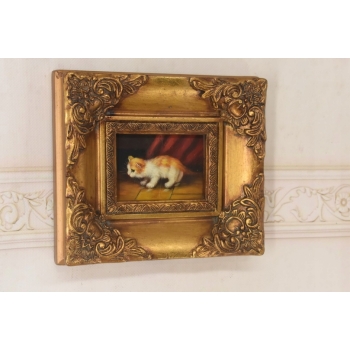 Mały Kotek - Kocur Kot - Obraz Olejny Na Desce - Złota Rama - Prezent