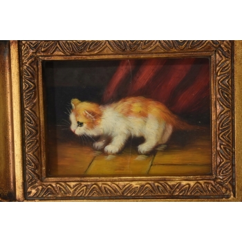 Mały Kotek - Kocur Kot - Obraz Olejny Na Desce - Złota Rama - Prezent