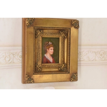 Portret Kobiety w Czerwonej Sukni Arystokratka - Obraz Olejny Ozdobna Rama