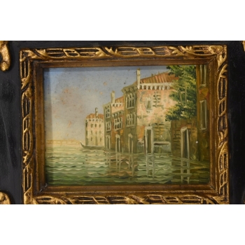 Włoski Pejzaż - Rzeka w Wenecji - Obraz Olejny - Złoto Czarna Rama