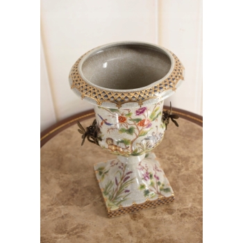 Porcelanowy Wazon Puchar Amfora Porcelana + Ważki z Brązu