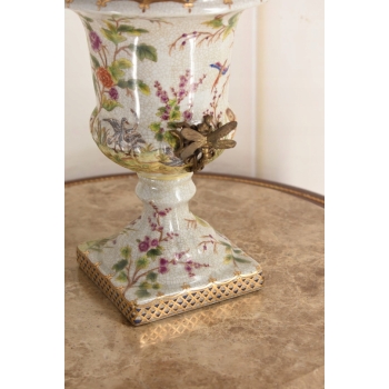 Porcelanowy Wazon Puchar Amfora Porcelana + Ważki z Brązu